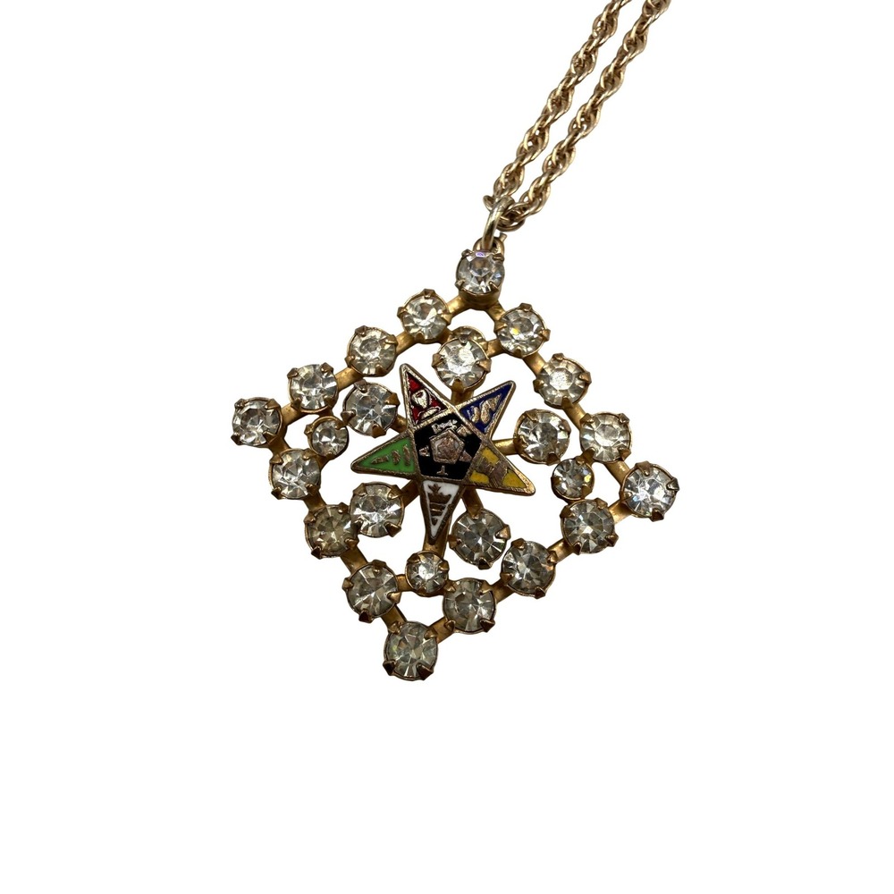 Vintage Order of the Eastern Star OES Rhinestone Enamel Star Necklace Gold Tone